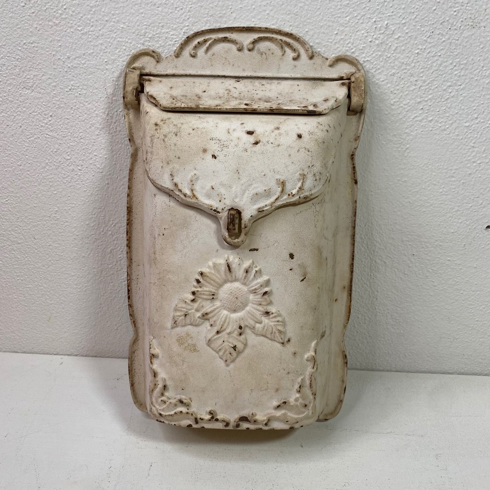 Vintage Cast Iron Wall Mount Mailbox Sunflower Embossed Cream Distressed Rustic